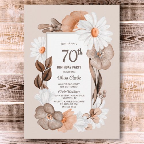 70th Birthday Rustic Boho Floral Party Invitation