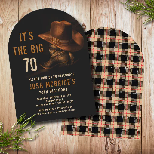 70th Birthday Rustic Cowboy Hat and Leather Boots Invitation
