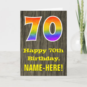 70th Birthday: Rustic Faux Wood Look, Rainbow "70" Card