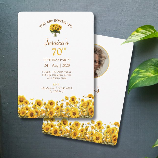 70th Birthday Rustic Sunflower Floral Photo Invitation (70th birthday party invitations with sunflower design on a grey background.)