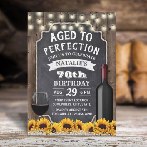 70th Birthday Rustic Sunflowers  Wine Invitation