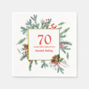 70th Birthday Rustic Winter Greenery Napkins