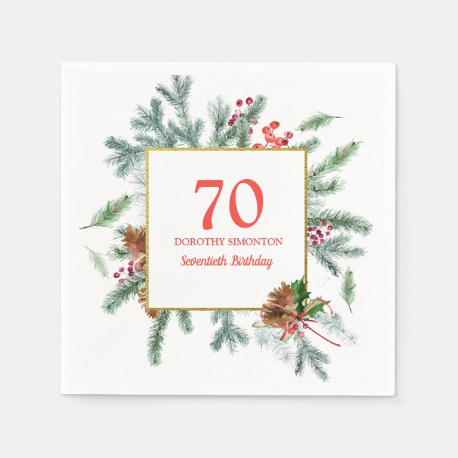 70th Birthday Rustic Winter Greenery Napkins (Front)