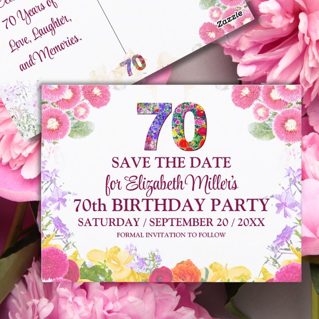 70th Birthday Save the Date Floral Elegant Postcard (Creator Uploaded)