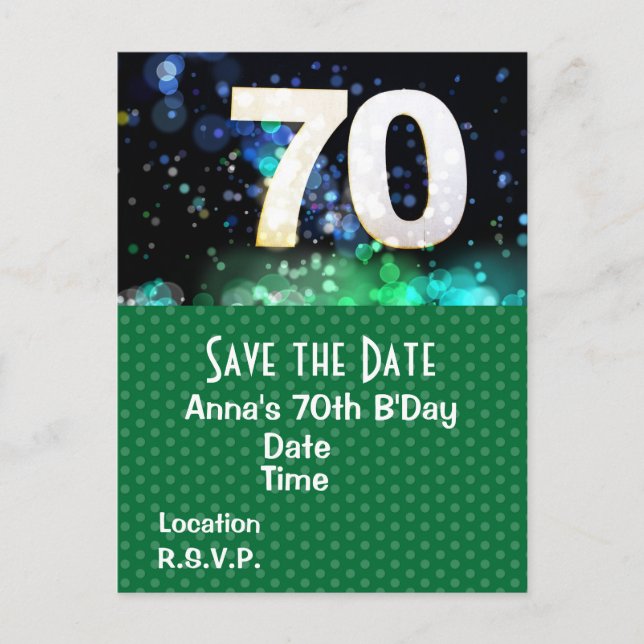 70th Birthday Save the Date Green  Postcard (Front)