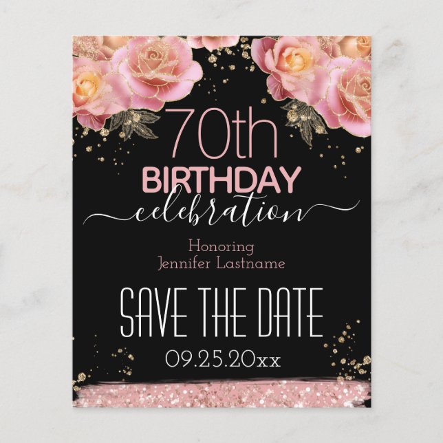 70th Birthday Save the Date Pink Floral Budget (Front)
