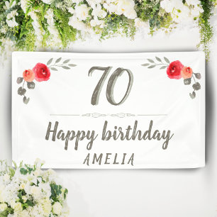 70th Birthday Script Watercolor Rose Floral Party Banner