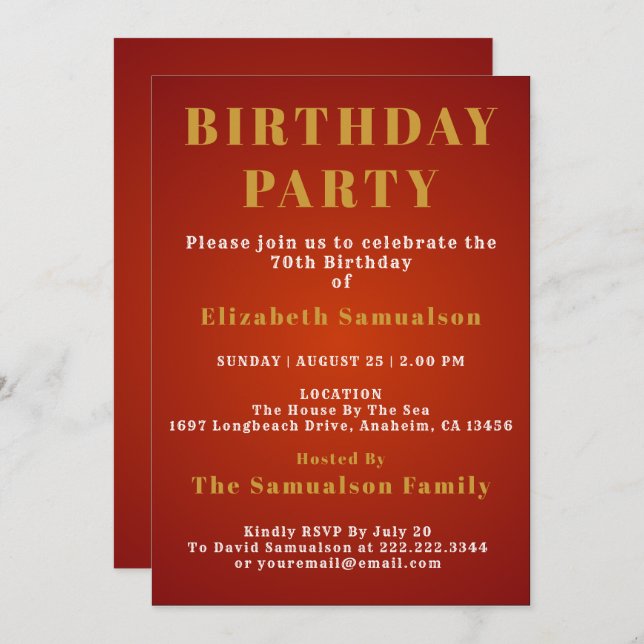 70th Birthday Setting Standards Red Birthday Party Invitation (Front/Back)