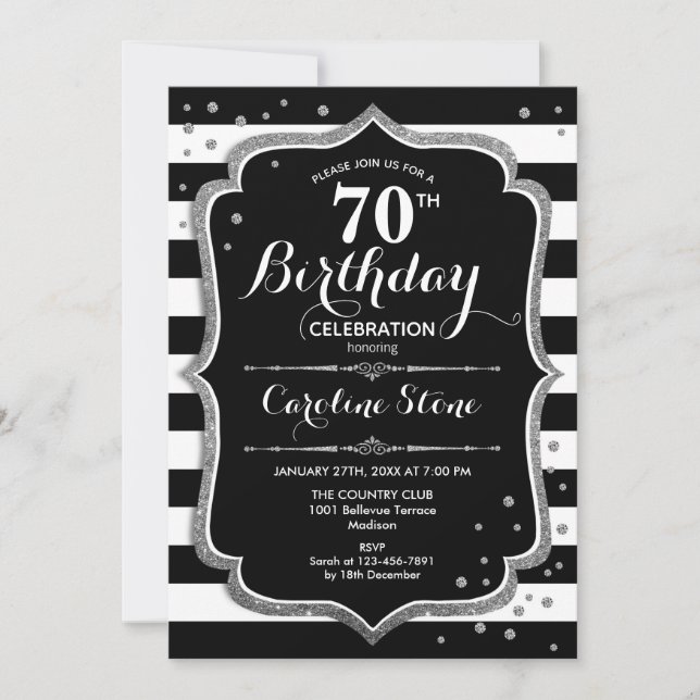 70th Birthday - Silver Black White Stripes Invitation (Front)