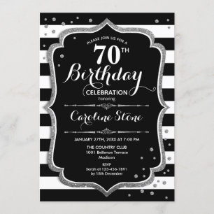 70th Birthday - Silver Black White Stripes Invitation
