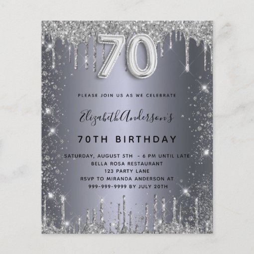 70th Birthday Silver Glitter Budget Invitation Flyer 