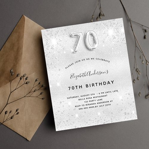 70th birthday silver glitter budget invitation flyer