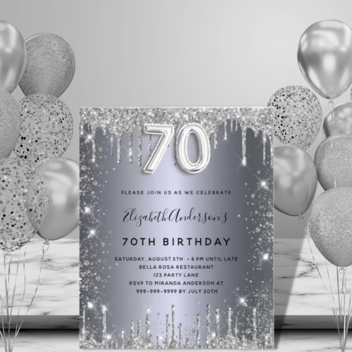 70th birthday silver glitter budget invitation flyer