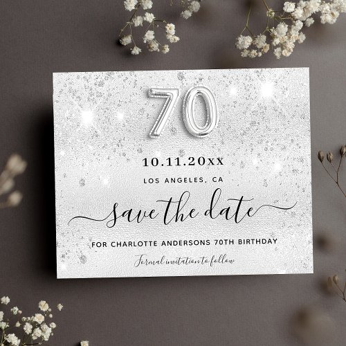 70th birthday silver glitter budget save the date flyer