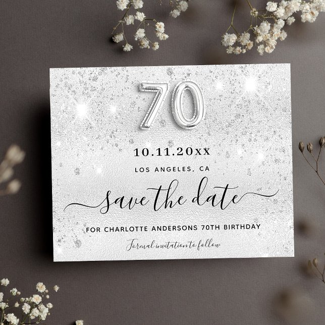 70th birthday silver glitter budget save the date flyer (Creator Uploaded)