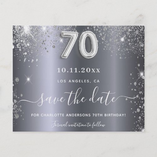 70th birthday silver glitter budget save the date flyer