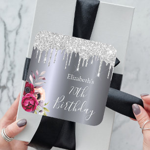 70th birthday silver glitter burgundy monogram square sticker
