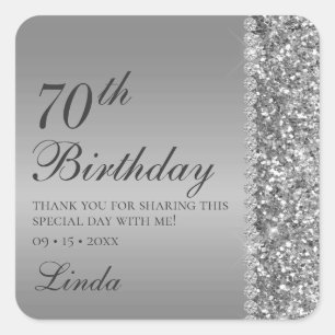 70th Birthday Silver Glitter Diamonds Thank You Square Sticker