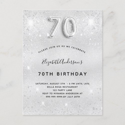 70th birthday silver glitter dust glam invitation postcard