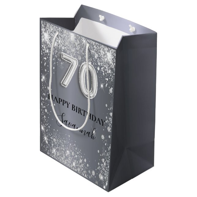 70th birthday silver glitter dust monogram medium gift bag (Back Angled)