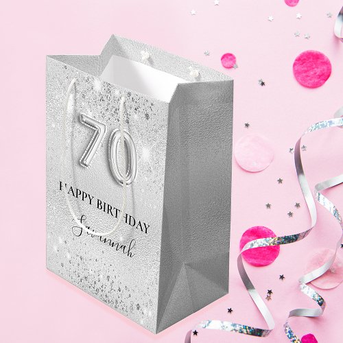 70th birthday silver glitter dust monogram medium gift bag