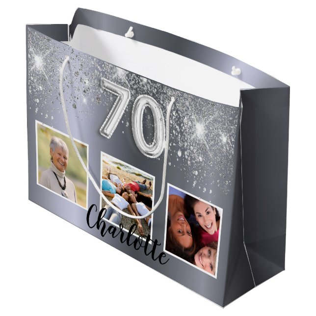70th birthday silver glitter dust photo monogram large gift bag (Back Angled)