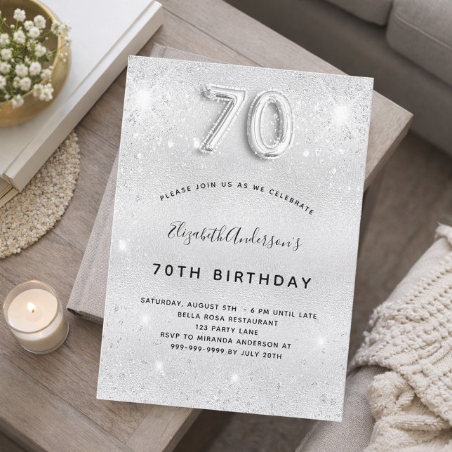 70th birthday silver glitter invitation (Creator Uploaded)