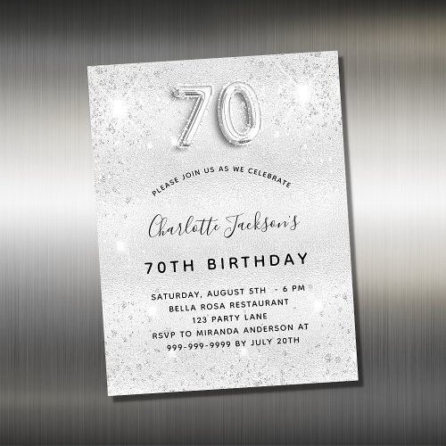 70th birthday silver glitter invitation magnet