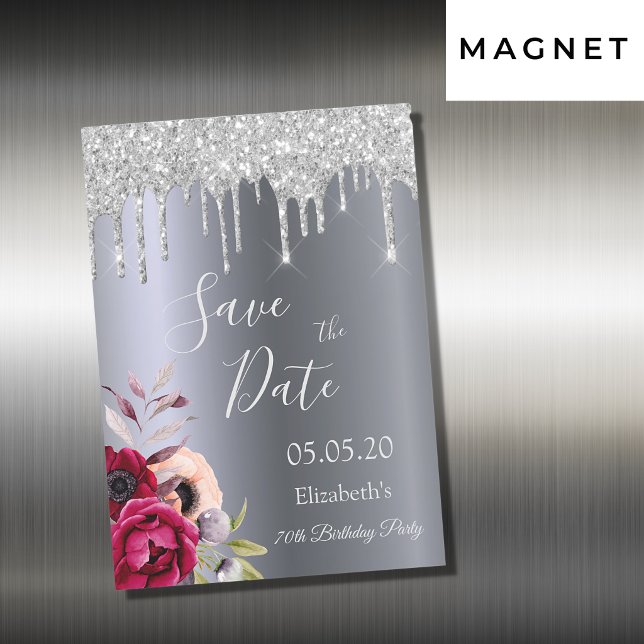 70th birthday silver glitter Save the Date magnet
