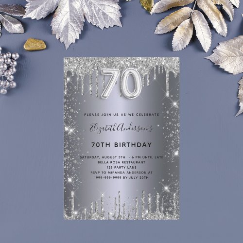 70th birthday silver metal glitter dust glam invitation