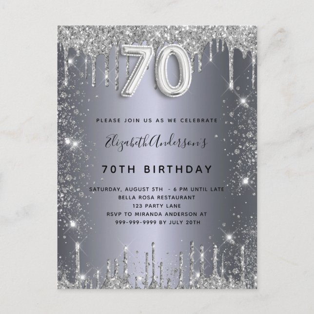 70th birthday silver metal glitter dust glam invitation postcard (Front)