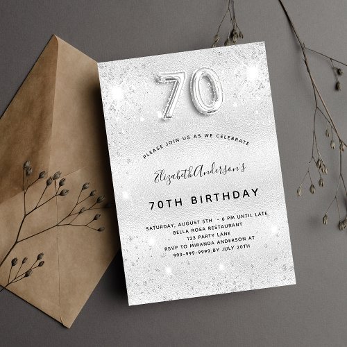 70th birthday silver metal glitter glamorous invitation