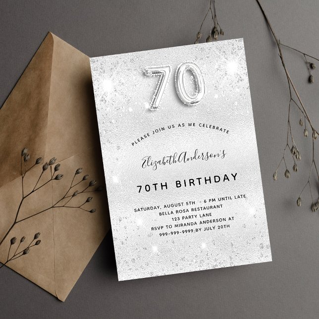 70th birthday silver metal glitter luxury invitation (Creator Uploaded)