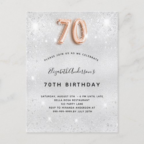 70th birthday silver metal rose gold glitter invitation postcard
