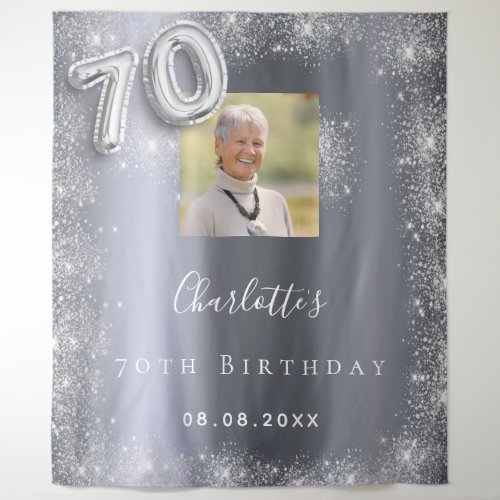 70th birthday silver photo glitter dust welcome tapestry