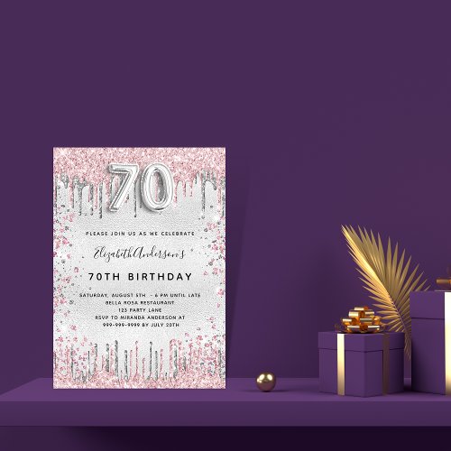 70th birthday silver pink glitter glamorous invitation