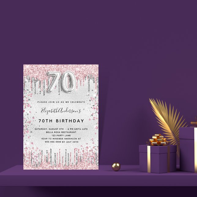 70th birthday silver pink glitter glamorous invitation (Creator Uploaded)