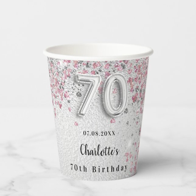70th birthday silver pink glitter name paper cups (Back)