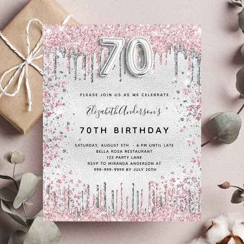 70th birthday silver pink metal glitter dust invitation postcard