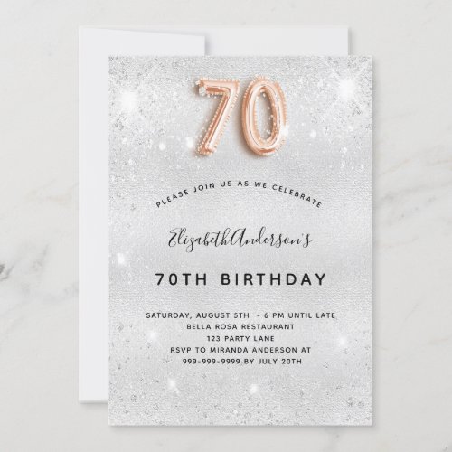 70th birthday silver rose gold glitter invitation