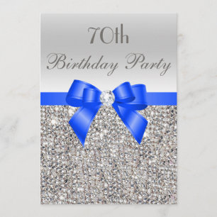 70th Birthday Silver Sequin Royal Blue Bow Diamond Invitation