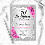 70th Birthday - Silver Stripes Pink Roses Invitation<br><div class="desc">70th Birthday Invitation. Elegant floral design in silver and pink. Features faux glitter silver stripes,  pink roses stylish script font and confetti. Perfect for a glam birthday party.</div>