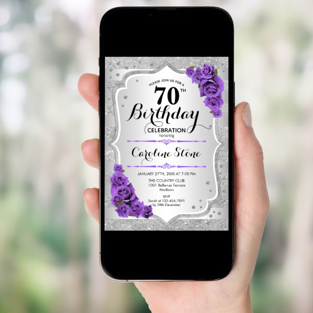 70th Birthday - Silver Stripes Purple Roses Invitation (Front Digital)