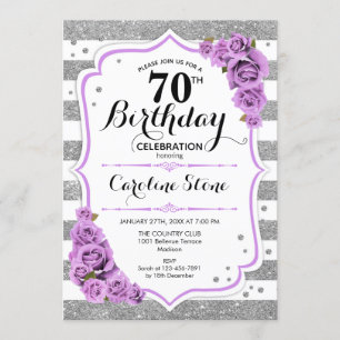 70th Birthday - Silver White Stripes Purple Roses Invitation