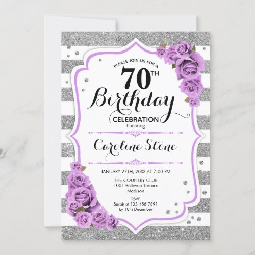 70th Birthday _  Silver White Stripes Purple Roses Invitation