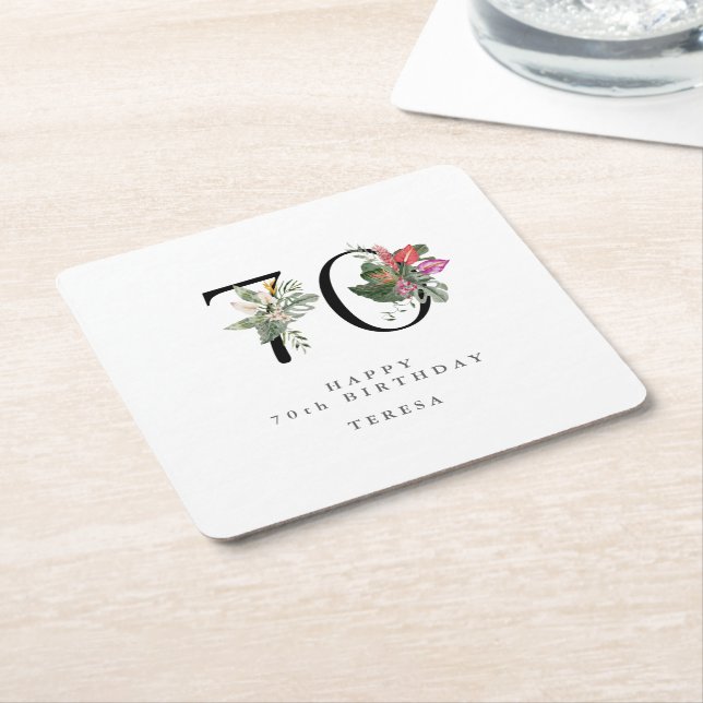 70th Birthday Simple Elegant Tropical Invitation Square Paper Coaster (Angled)
