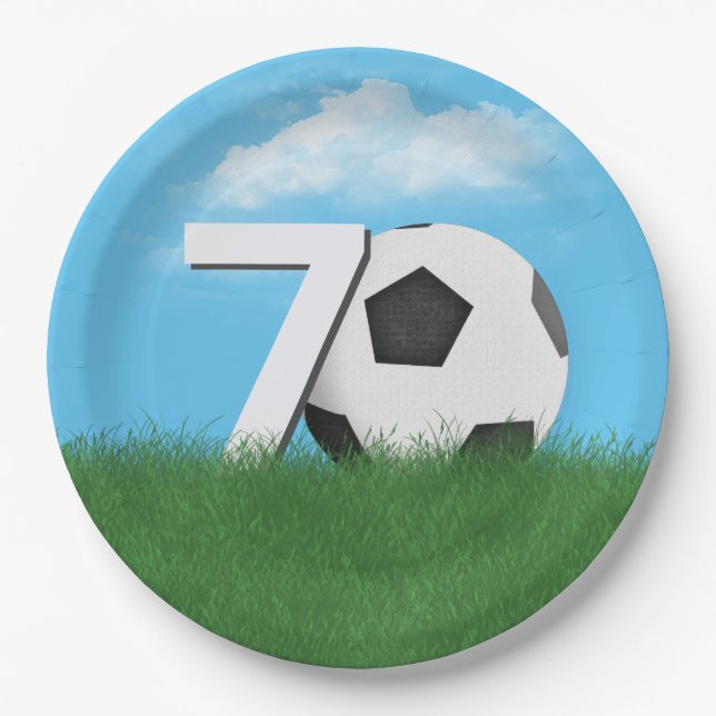 70th Birthday Soccer Ball In Green Grass Paper Plates (Front)