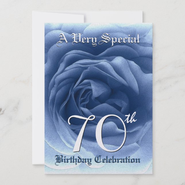 70th Birthday Soft Blue Rose Metallic Paper Invitation (Front)