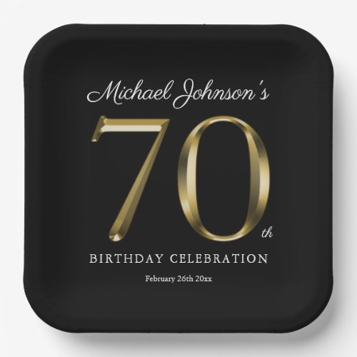 70th Birthday Solid Gold Text Elegant Black Paper Plates