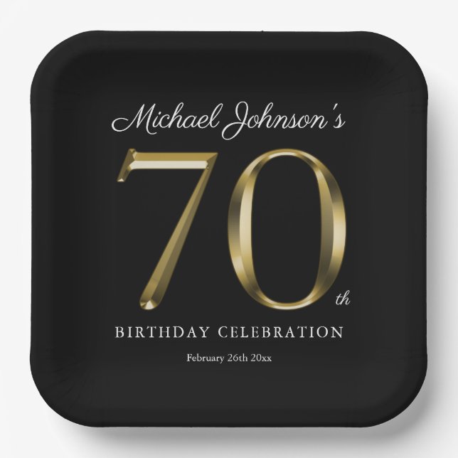 70th Birthday Solid Gold Text Elegant Black Paper Plates (Front)